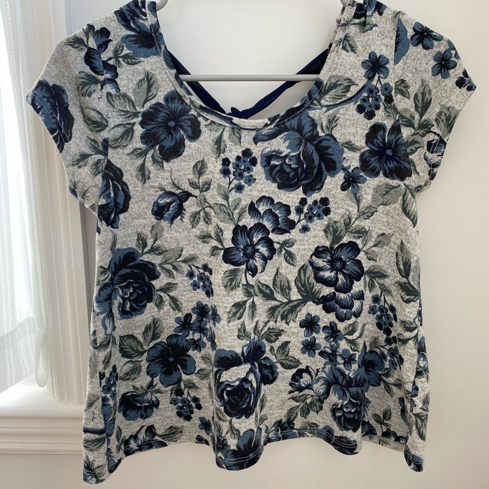 Blue Floral Print Tie Blouse